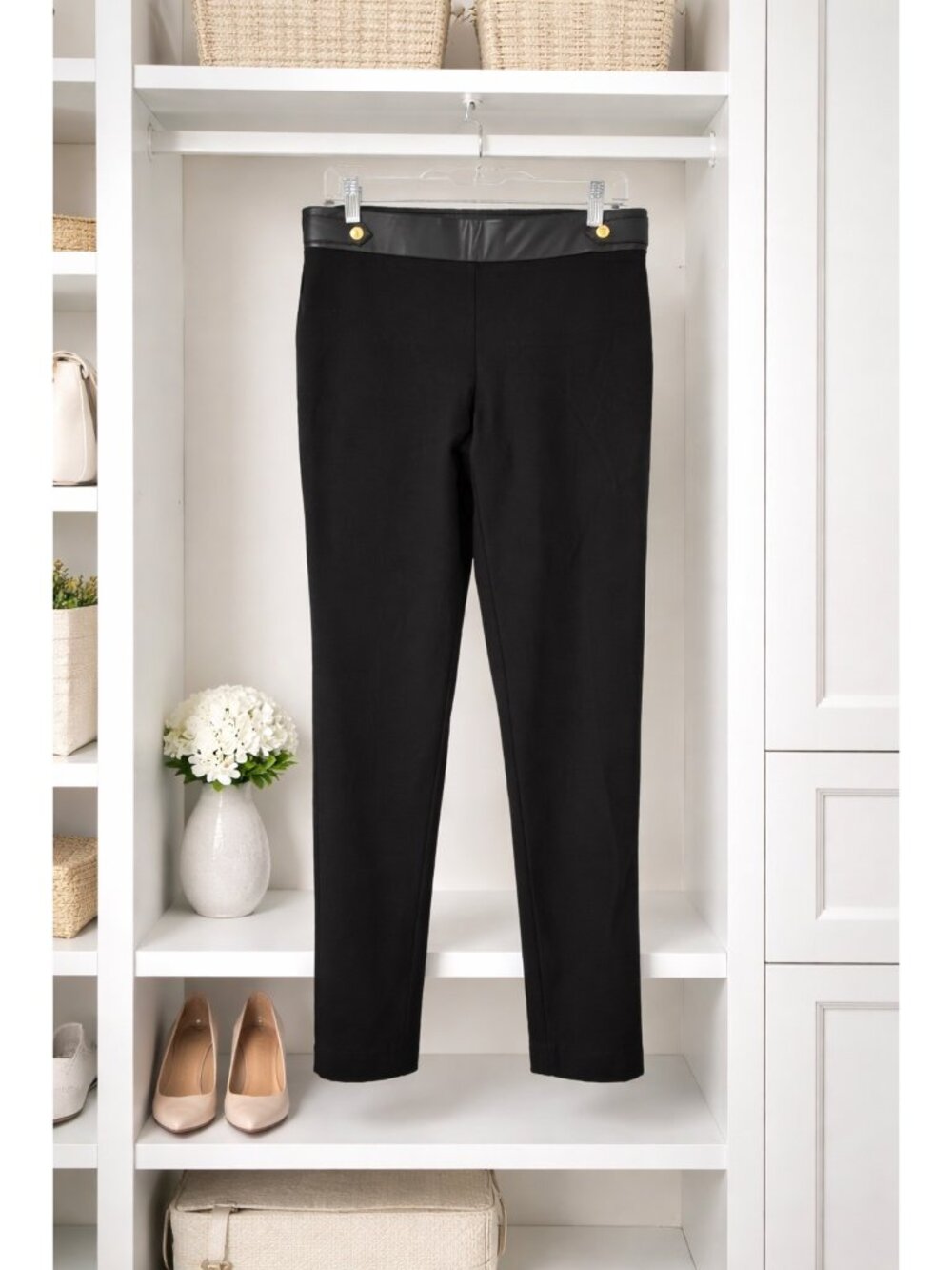 Anne Klein Womens Black Pull-On Stretch Ponte Pants Gold Crest Buttons M NWOT